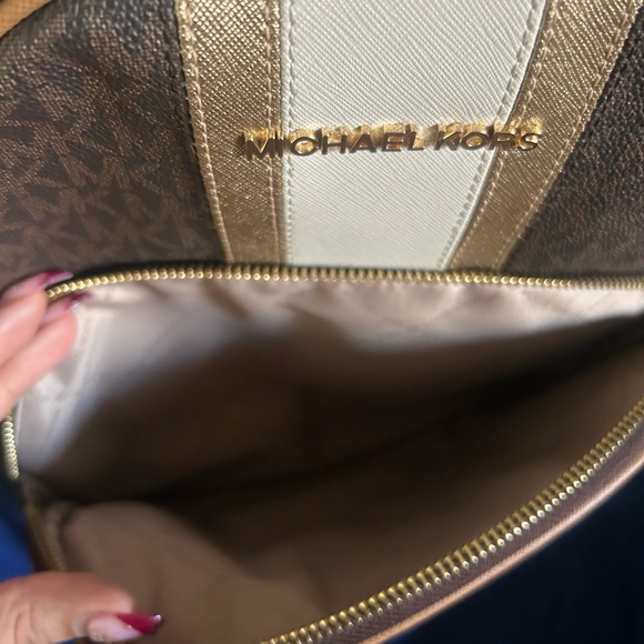 Michael Kors Brown and Cream Backpack with Monogram Pattern and Golden Hardware - Picture 3 of 4